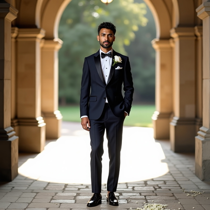 AI-generated photo: Photorealistic wedding editorial portrait at a sunlit stone archway outside a historic chapel, the s...