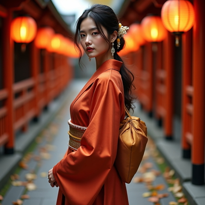 AI-generated photo: Fashion editorial photography, an autumn festival fashion scene featuring a refined kimono-inspired ...