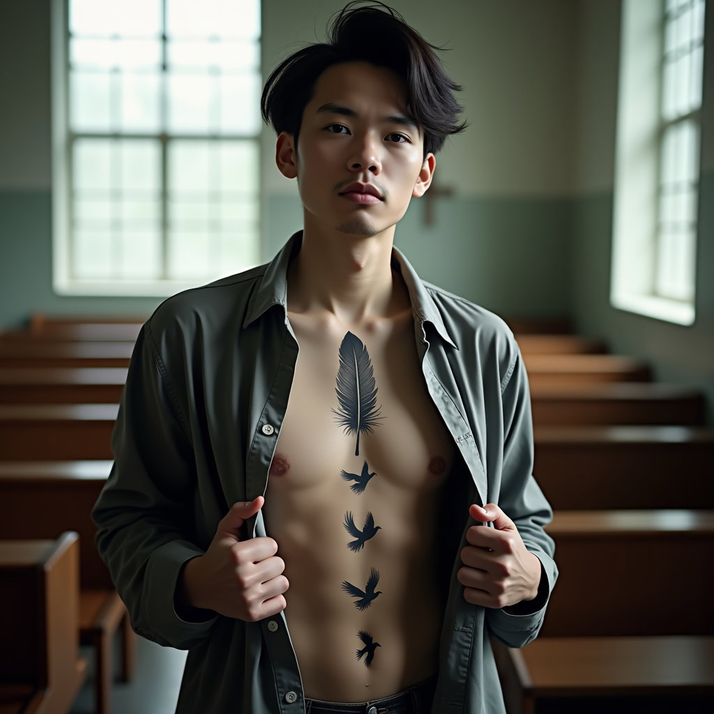 AI-generated photo: Photorealistic prison portrait photograph, the person standing in a sparse prison chapel, body angle...