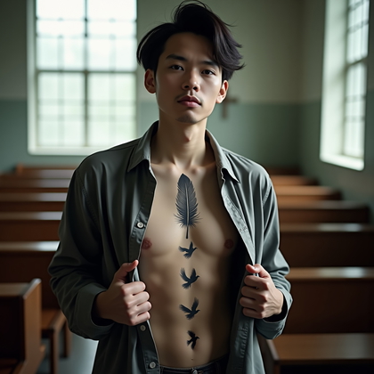 AI-generated photo: Photorealistic prison portrait photograph, the person standing in a sparse prison chapel, body angle...