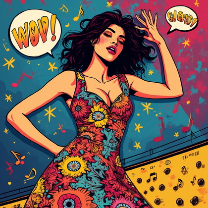 AI-generated photo: Pop Art illustration. Illustrate a young woman dancing energetically in a colorful, abstract nightcl...