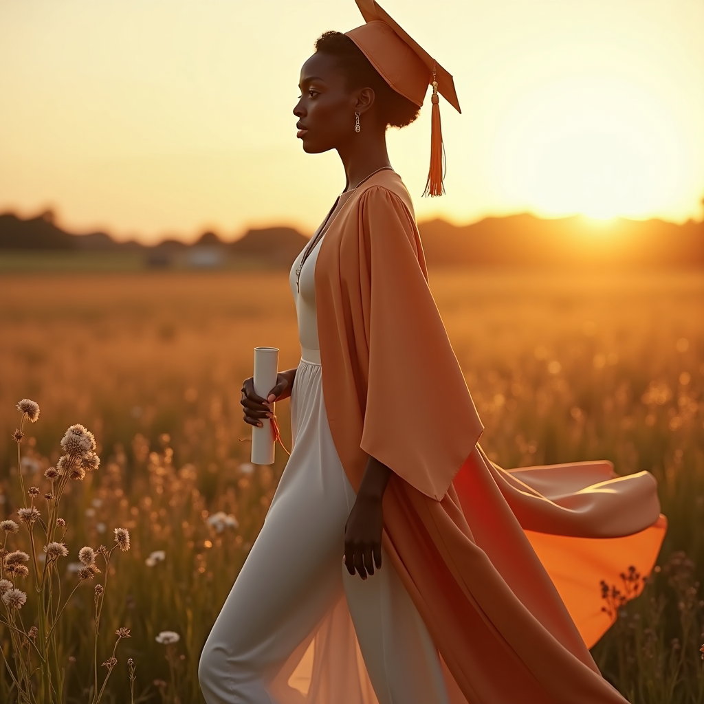 AI-generated photo: Photorealistic editorial fashion photography, a dreamy sunlit graduate portrait staged in an open me...