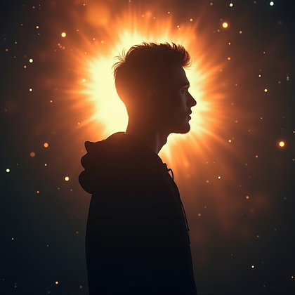 AI-generated photo: Photorealistic portrait photography, dramatic backlit cosmic hero shot with the subject standing in ...