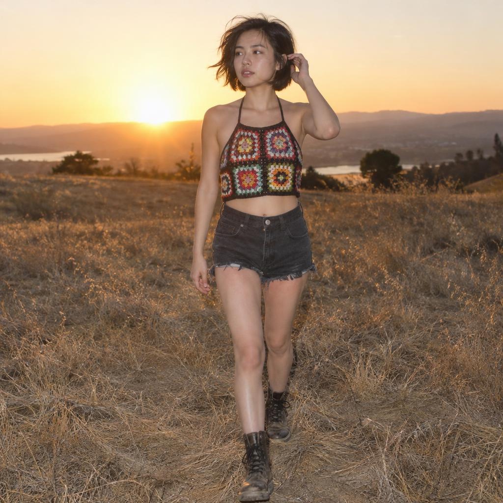 Festival Sunset Candid: Full-length frontal candid of one person striding across a dry, open field in a colorful crochet top, dark cutoffs, and worn lace-up boots.