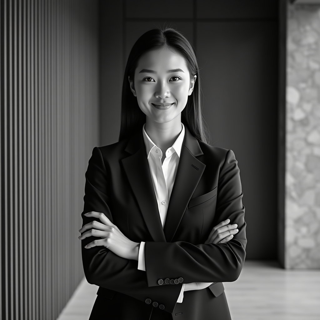 AI-generated photo: Professional black-and-white headshot photography in a corporate reception framed by vertical wood s...