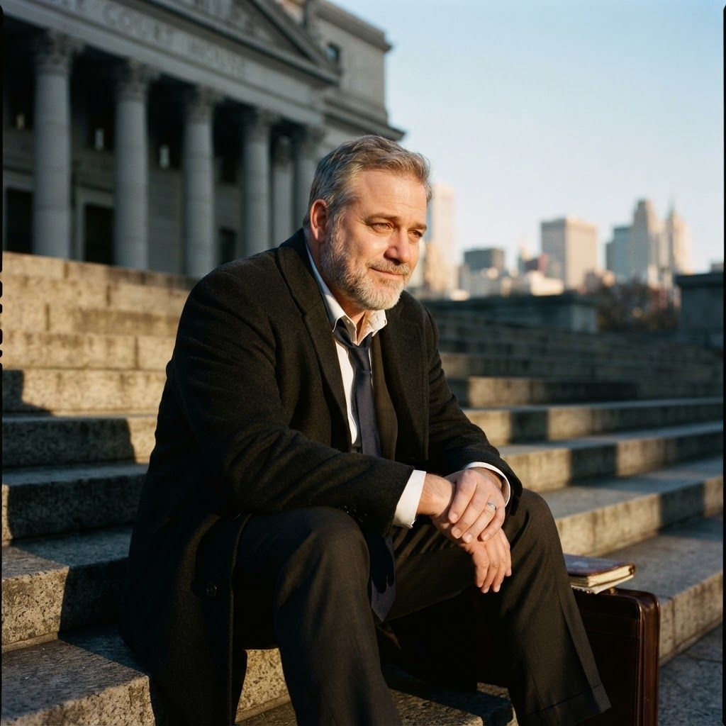 Dawn After The Case: A seated personal-photo portrait on broad courthouse steps at sunrise, the subject alone with an unbuttoned coat and loosened tie, elbows on…