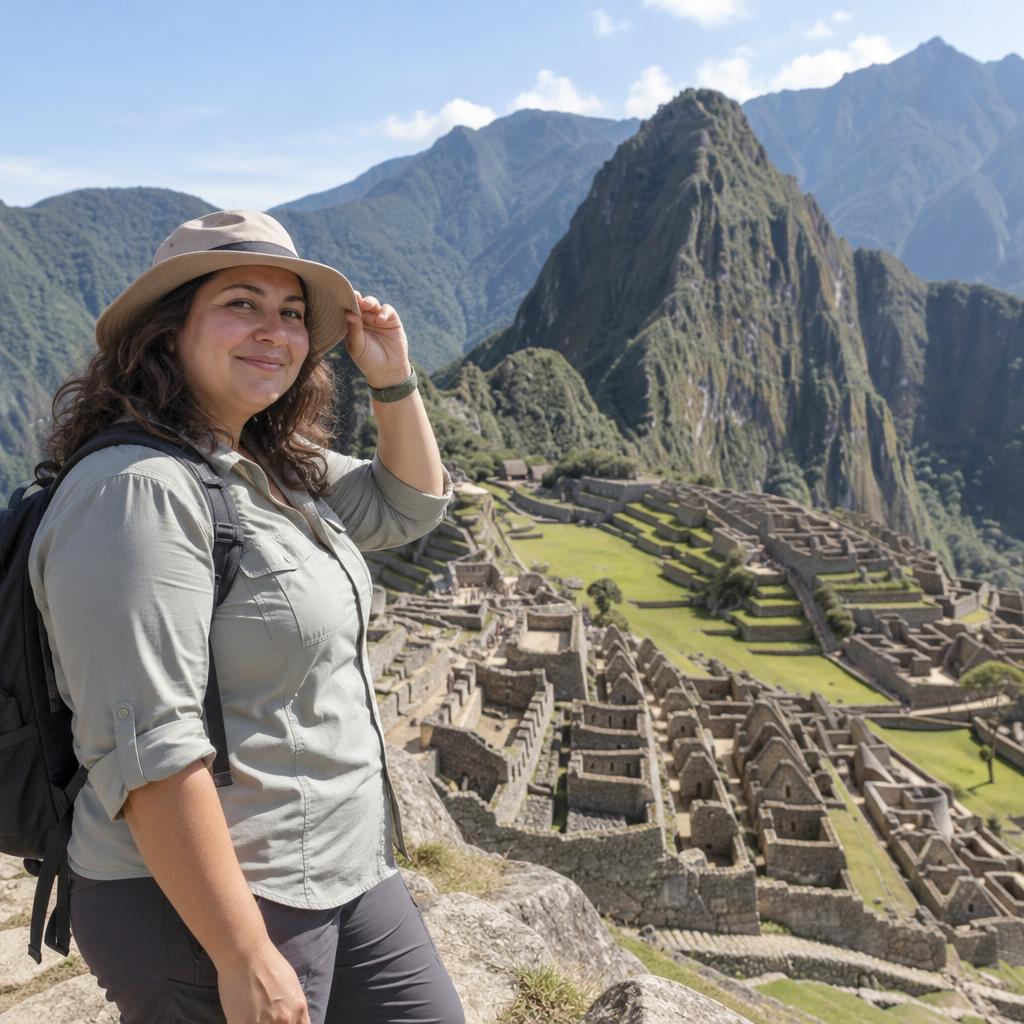 A Faraway Travel Milestone: Photorealistic travel portrait in a wide frame at Machu Picchu’s upper viewing area.