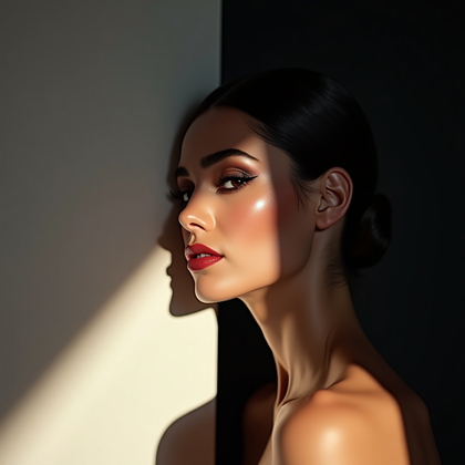 AI-generated photo: Photorealistic studio beauty photography, tight horizontal composition from shoulders up with the su...