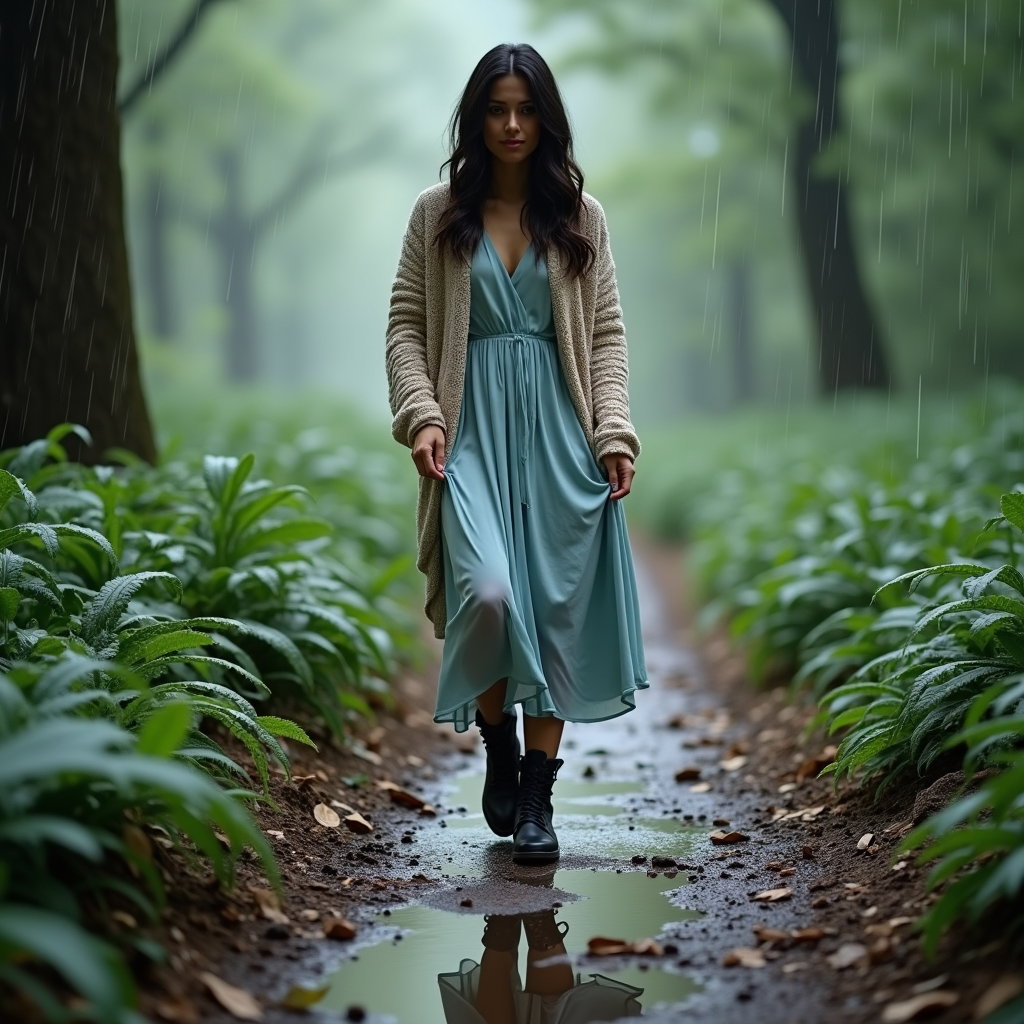Portrait en pied sur un sentier forestier : portrait en pied sur un sentier forestier lavé par la pluie, une personne contournant avec précaution de petites flaques et des racines apparentes sans quitter le…