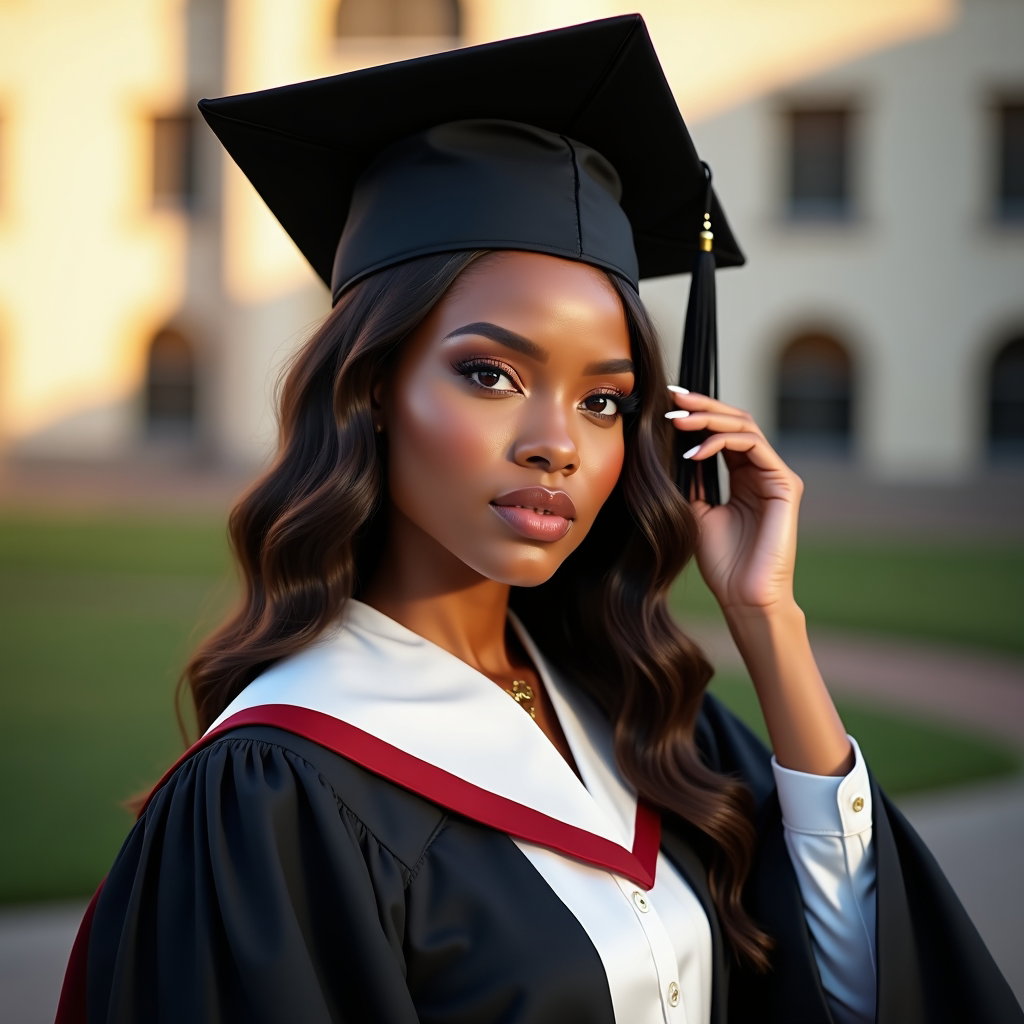 AI-generated photo: Photorealistic fashion portrait photography, a crisp graduation portrait with the subject gently adj...