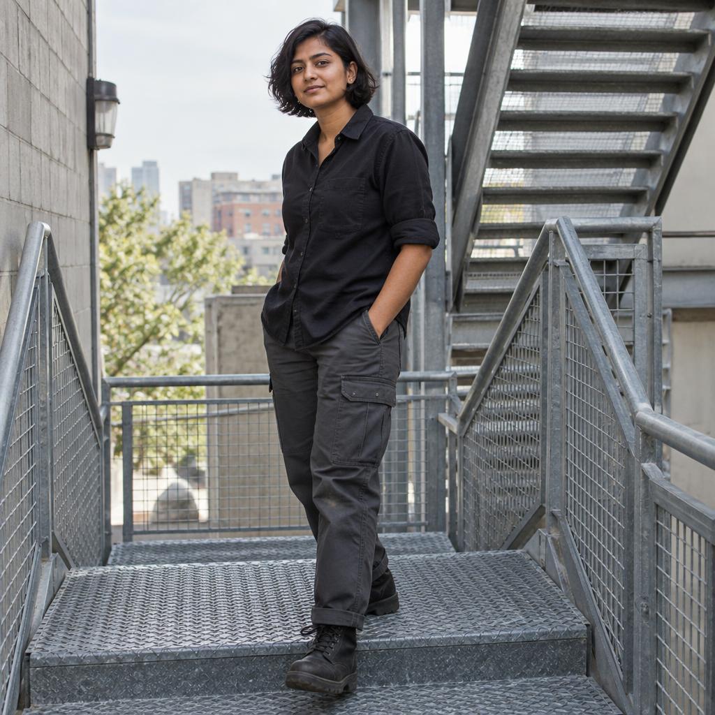 Action-Ready Performer: Three-quarter-length acting portrait on a galvanized metal stairwell in daylight.