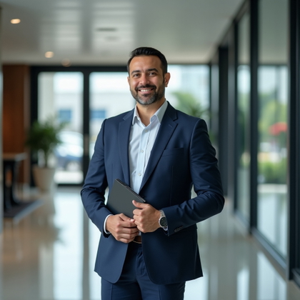Professional corporate portrait photograph. Full-body executive image with the subject standing confidently in a sleek office lobby, one hand relaxed at the side and the other lightly holding a slim folder or tablet. Use structured business attire, polished floors, architectural glass lines, balanced overhead and side lighting, and a composed vertical composition that communicates leadership.