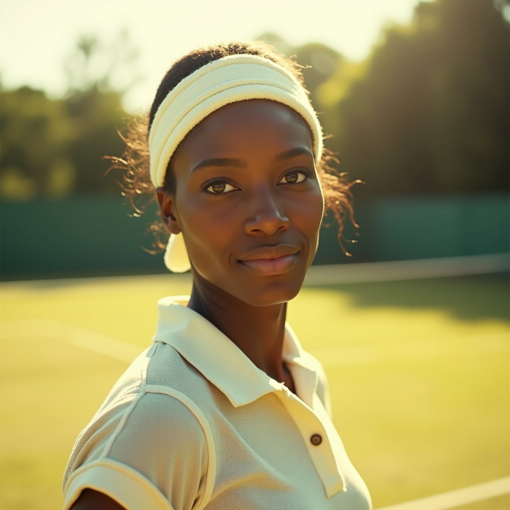 Vintage 70s Tenniscore Portraits example: Photorealistic vintage 1970s film photograph. Tight close-up portrait on a sunlit tennis court, face clearly visible and