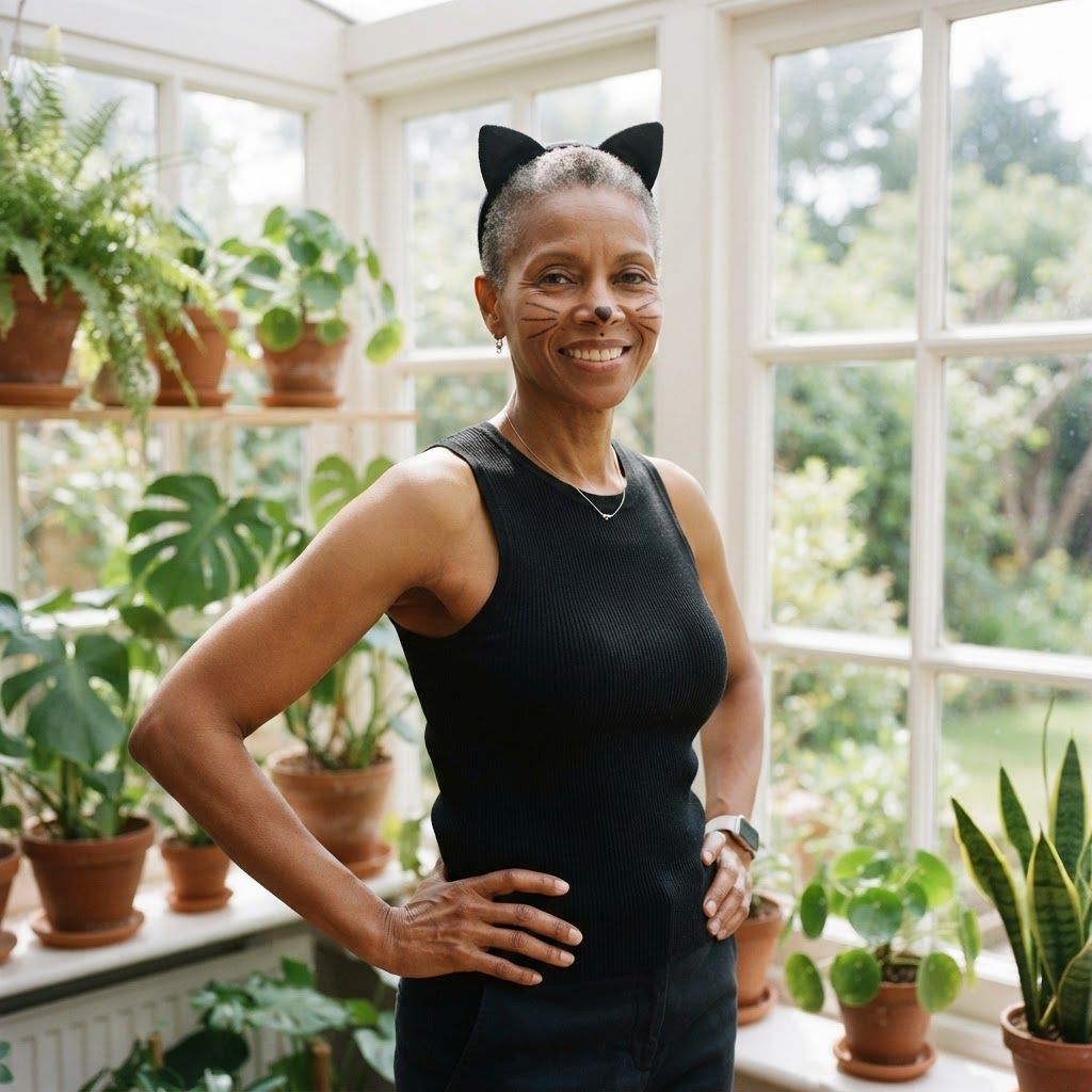 Black Cat Costume Close-Up: Confident mid-torso portrait in a sunroom, with one person standing hands on hips beside a large window.