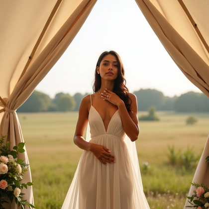 AI-generated photo: Photorealistic wedding photography at the entrance of a sailcloth tent overlooking a meadow, the sub...