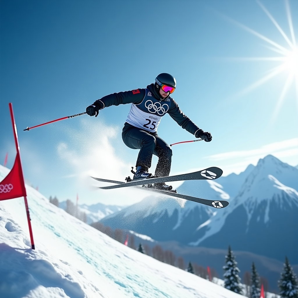 AI-generated photo: Photorealistic sports action photograph of a winter Olympian mid-air during a downhill ski jump, cap...