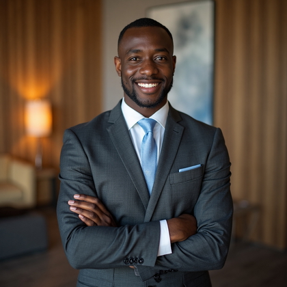 AI-generated photo: LinkedIn photo featuring a subject dressed in a charcoal grey suit with a fine texture that adds a t...