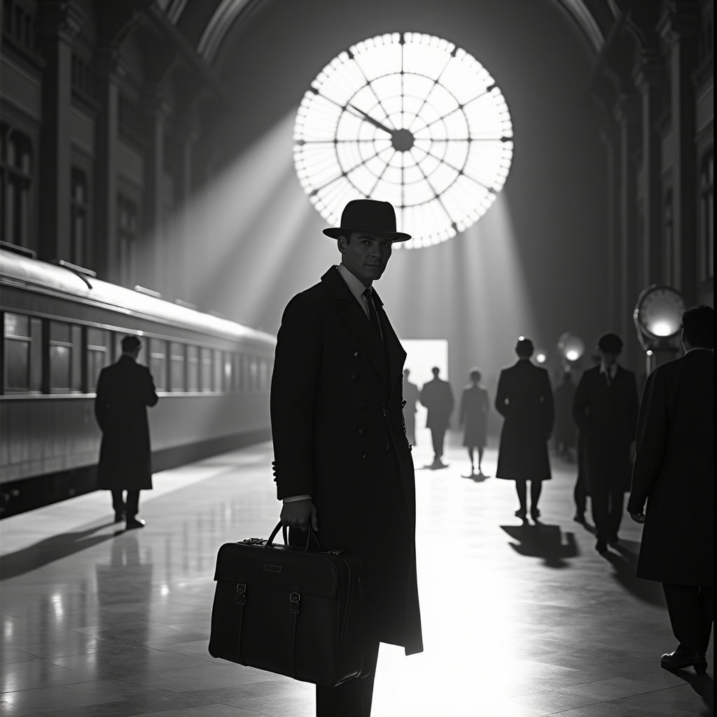 AI-generated photo: Silver gelatin press photograph — a cavernous Art Deco train terminal filled with curling steam and ...