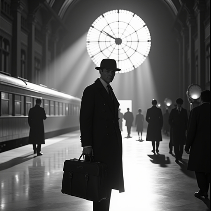 AI-generated photo: Silver gelatin press photograph — a cavernous Art Deco train terminal filled with curling steam and ...