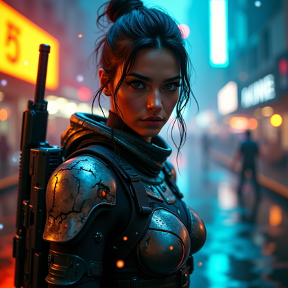 AI-generated photo: Photorealistic gaming character portrait photography. The avatar is captured in an over-the-shoulder...