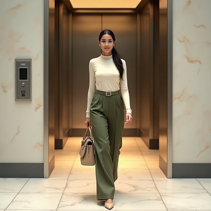Pantalon large et haut en maille : portrait en pied en marche près d’une batterie d’ascenseurs de bureau épurée, la personne débouche dans le couloir avec un demi-sourire maîtrisé.