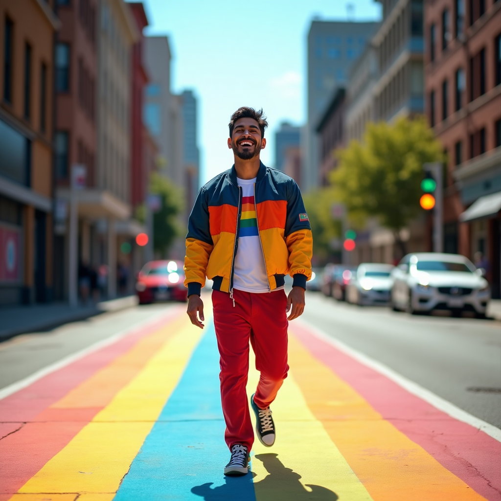 Queer Joy Laughing Portraits example: Photorealistic full-body portrait photography. A solo full-body laughing portrait in a colorful street-crossing setting