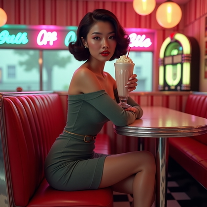 AI-generated photo: Photorealistic 1950s-style diner booth portrait framed at three-quarter length with a checkerboard f...