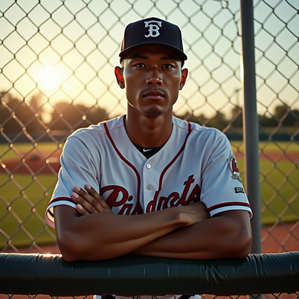 AI-generated photo: Photorealistic sports portrait photo at the bullpen gate with cap brim angled forward, soft key bene...