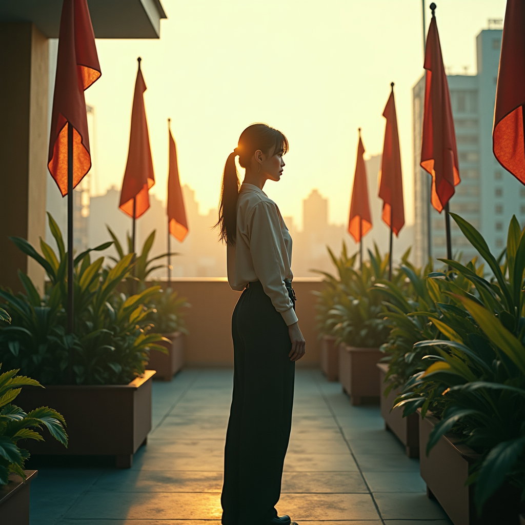 Rooftop Demon Hunt Action Portrait example: Photorealistic cinematic K-pop demon-hunter environmental portrait photo. Compose a quiet rooftop garden ambush scene wi