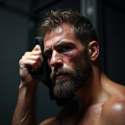 AI-generated photo: Photorealistic, highly detailed close-up of a UFC fighter moments after exiting the octagon, capturi...
