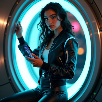 AI-generated photo: Photorealistic lifestyle portrait photography of a person leaning against a sleek, illuminated airlo...