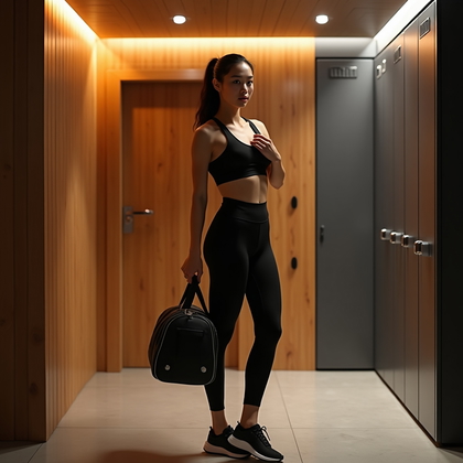 AI-generated photo: Premium photorealistic fitness photography staged near a warm cedar sauna door and graphite locker f...