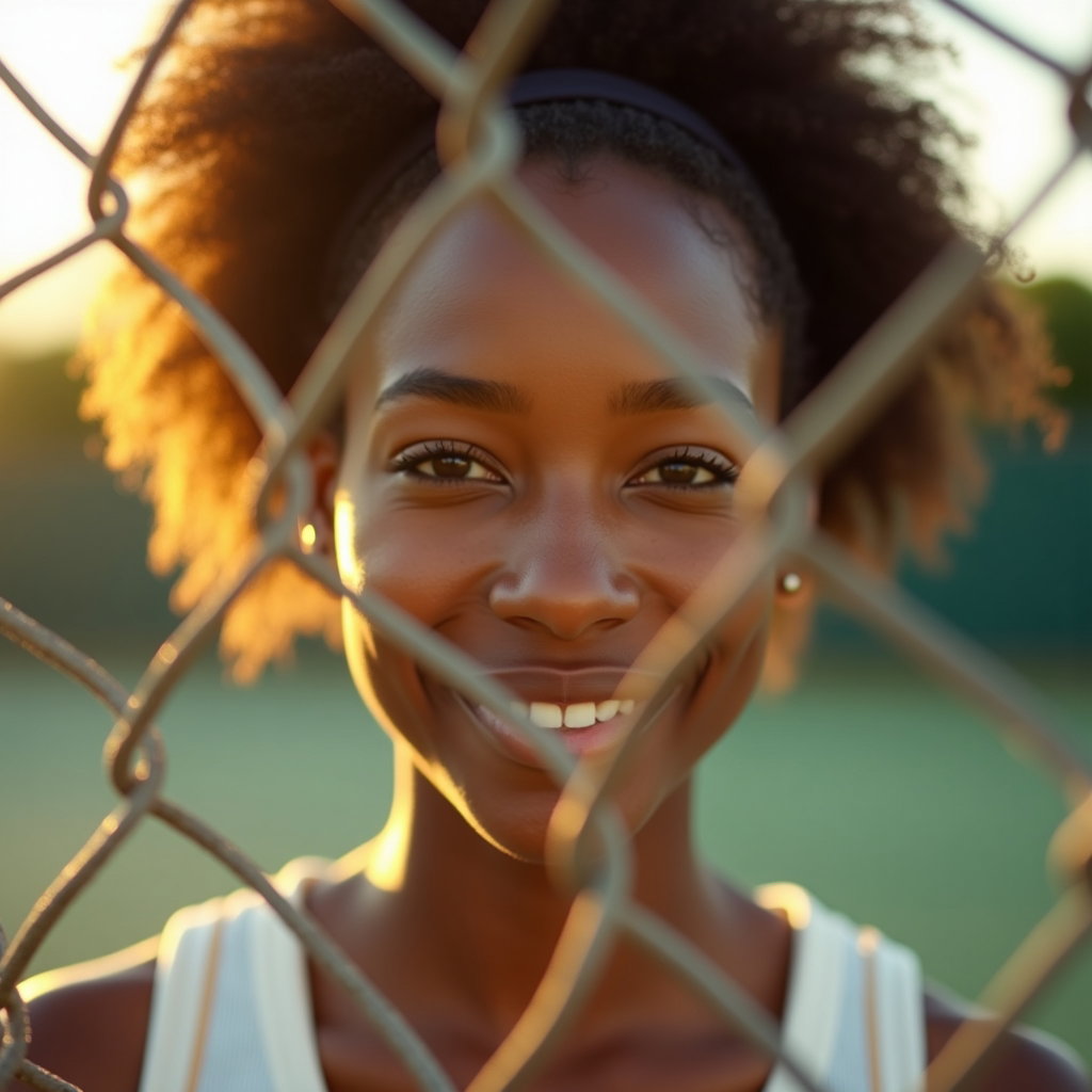 Golden Hour Court Fence Portraits example: Photorealistic portrait photography. Close-up portrait framed through a softly blurred chain-link court fence, with the