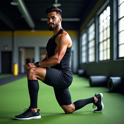 AI-generated photo: Photorealistic fitness photography on a green turf stretch lane, full-body deep lunge with front kne...
