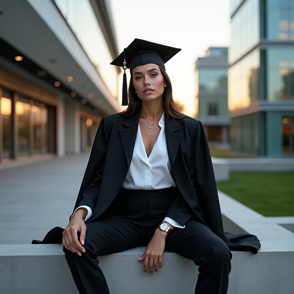 AI-generated photo: Photorealistic fashion portrait photography, a bold and stylish graduation image staged on a sleek c...