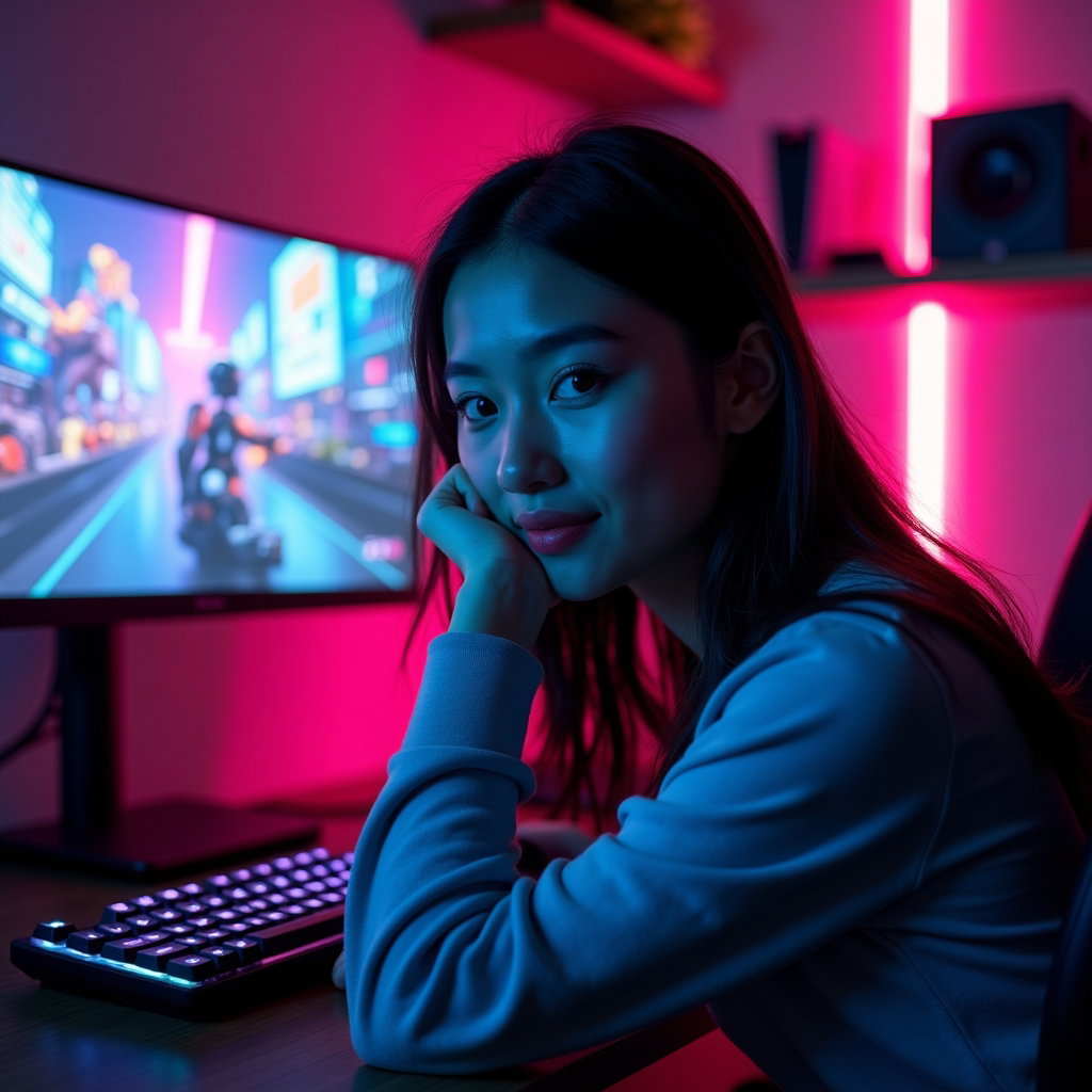 AI-generated photo: Photorealistic portrait photography. A casual gamer sits at a compact, stylish gaming desk in a dim ...