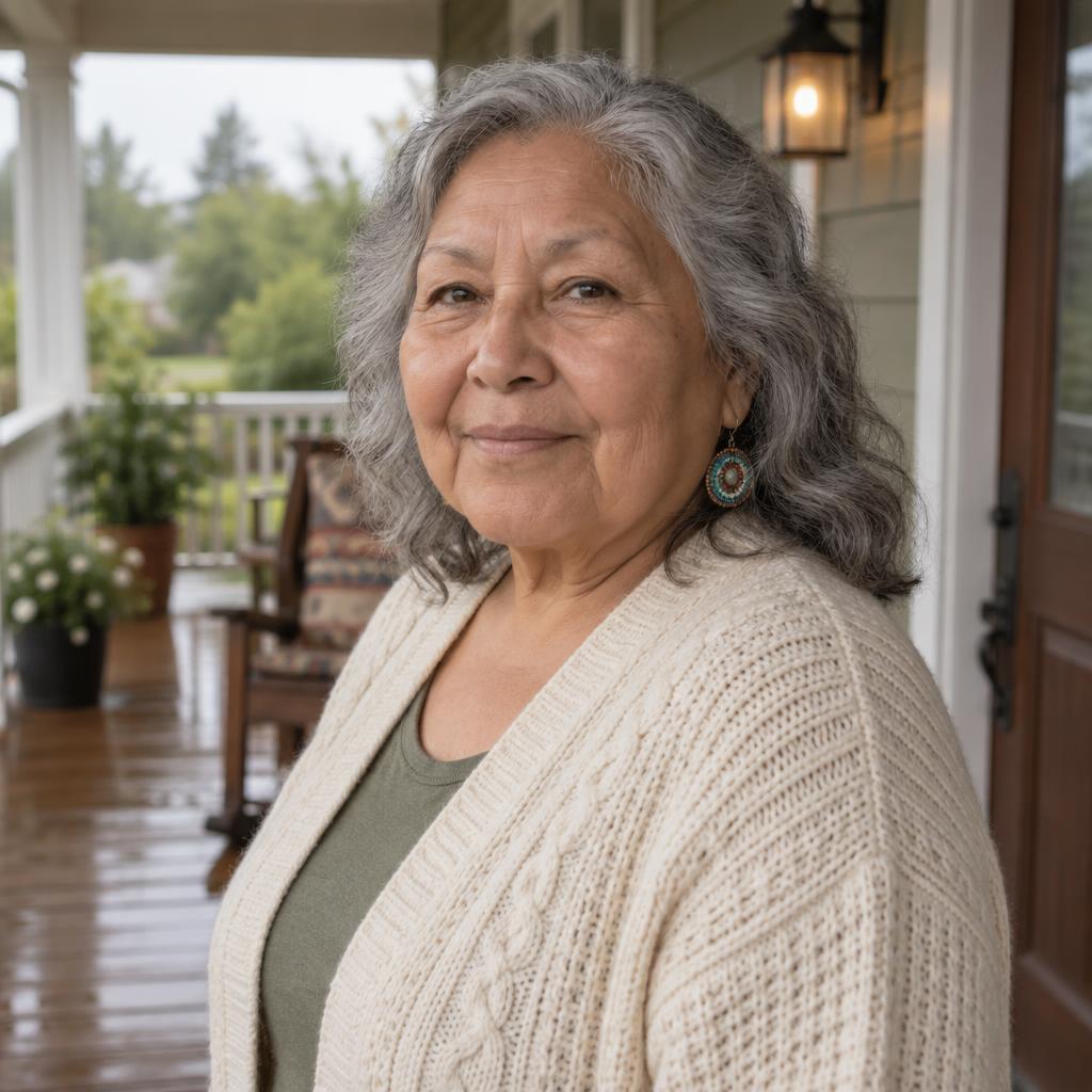 Warm Neighborly Character: Chest-up acting headshot on a sheltered front porch after a light rain, with damp porch boards softly out of focus.