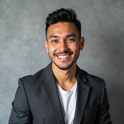 AI-generated photo: Professional headshot photo in a studio with a dove-gray hand-textured plaster backdrop featuring a ...