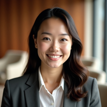 Professional headshot photograph. Close-up portrait in a quiet executive lounge with a warm walnut wall and soft cream seating blurred behind the subject, with the face clearly visible, direct eye contact, and a composed confident smile. Style with a refined business jacket and clean shirt, using warm diffused lighting, subtle background depth, and a polished premium consulting-profile mood.