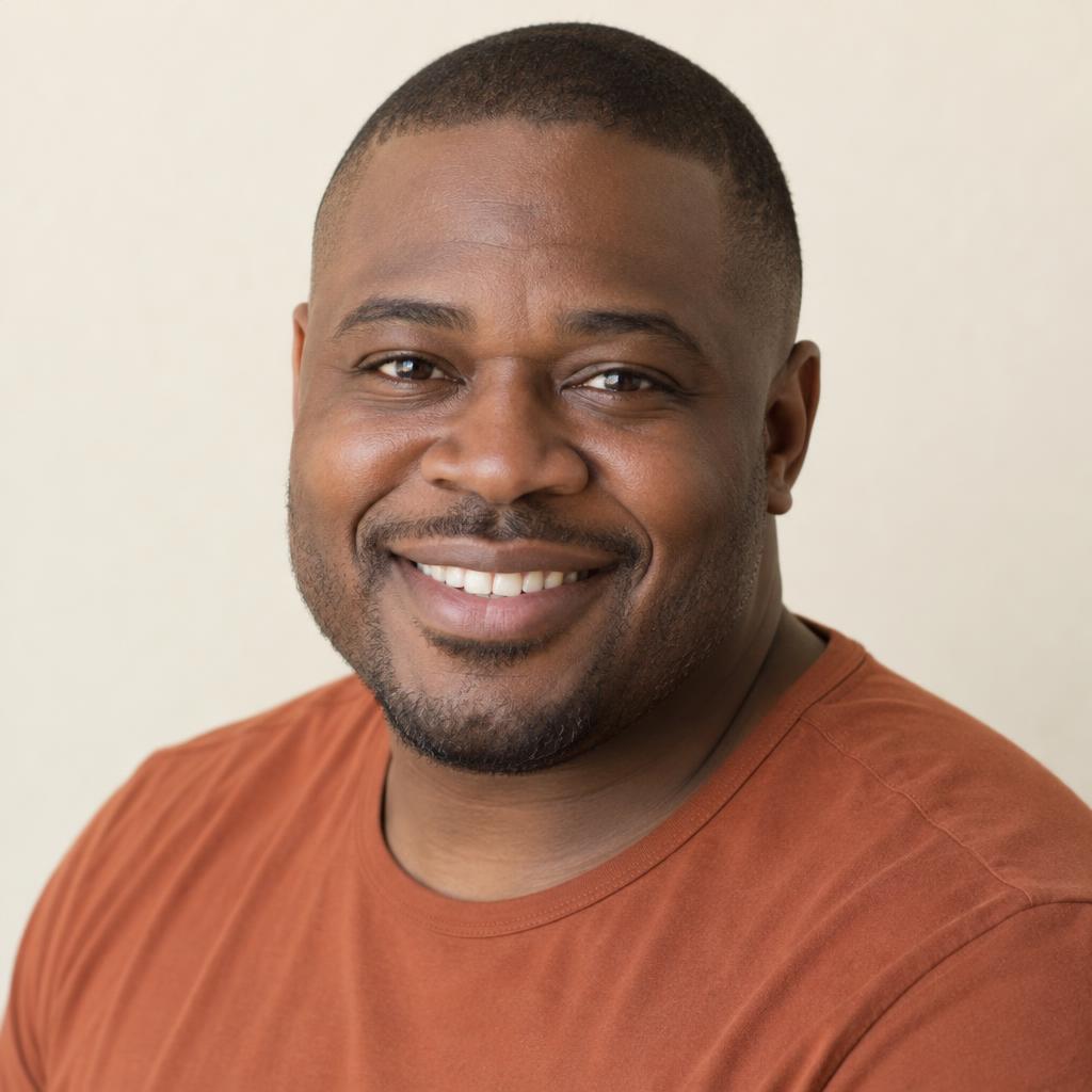 Bright Commercial Close-Up: Natural commercial acting headshot cropped just below the shoulders.