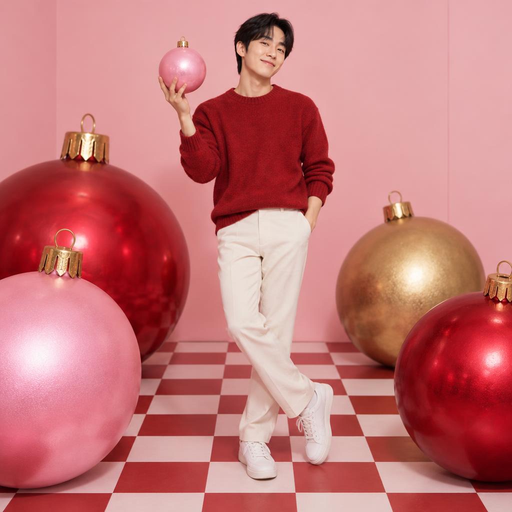 Playful Oversized Ornament Set: In a blush-pink studio with a graphic checkerboard floor, he stands between oversized red, pink, and gold baubles, one foot crossed in front…
