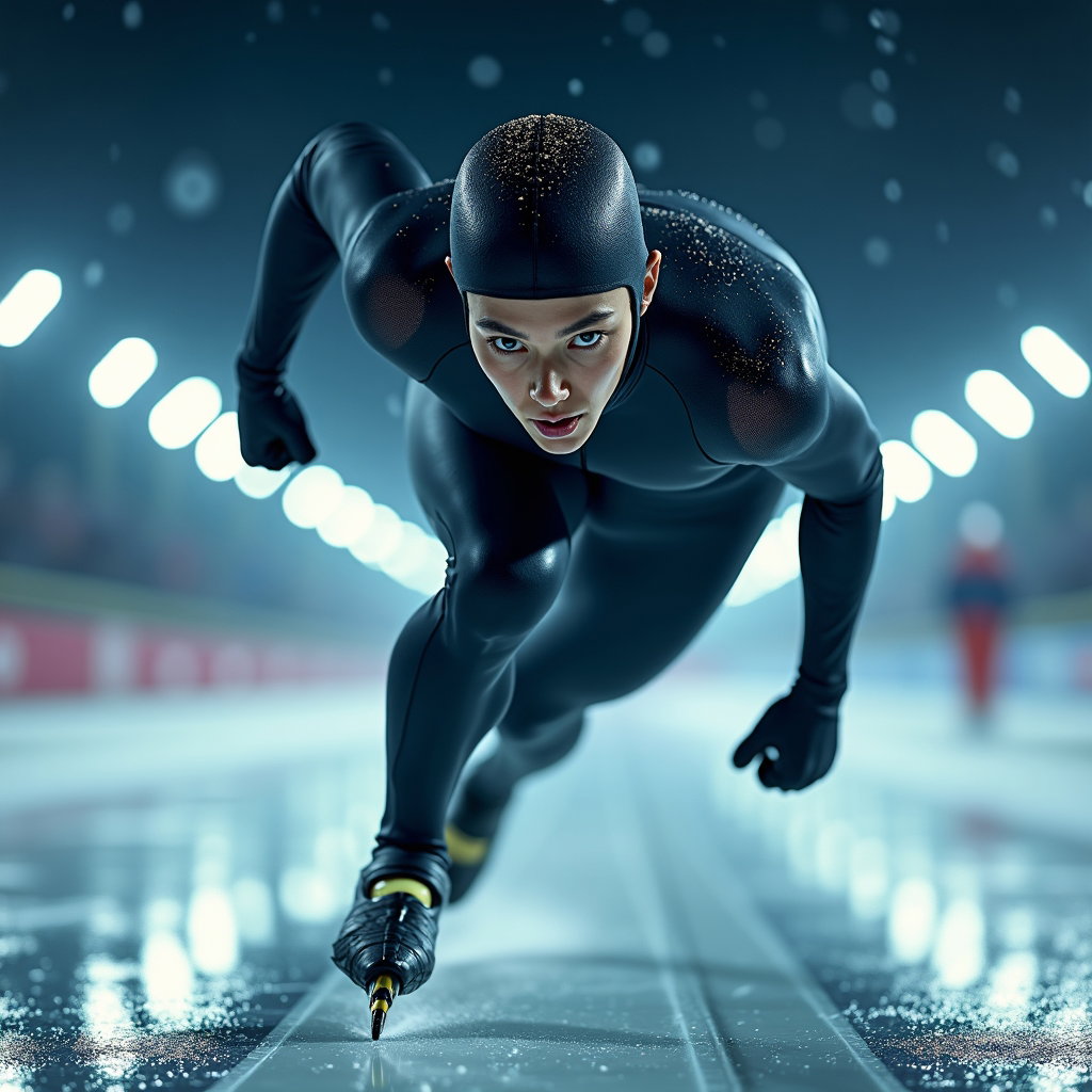 AI-generated photo: Photorealistic sports portrait photograph. A close-up to mid-torso portrait of a speed skater on an ...
