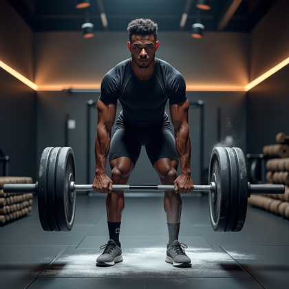 AI-generated photo: Photorealistic fitness photography of a hex-bar deadlift in a sleek, boutique gym with a diagonal LE...