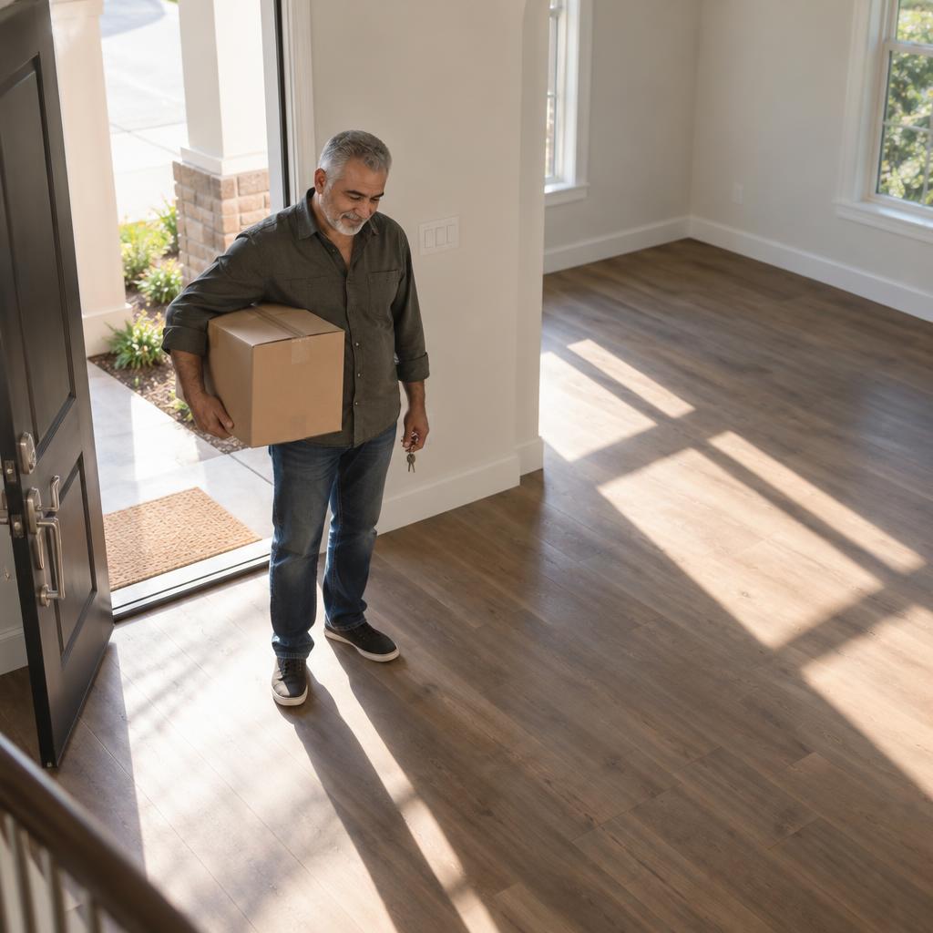 First Day In A Dream Home: Slightly elevated personal photo looking down toward the front entry of an unfurnished home.