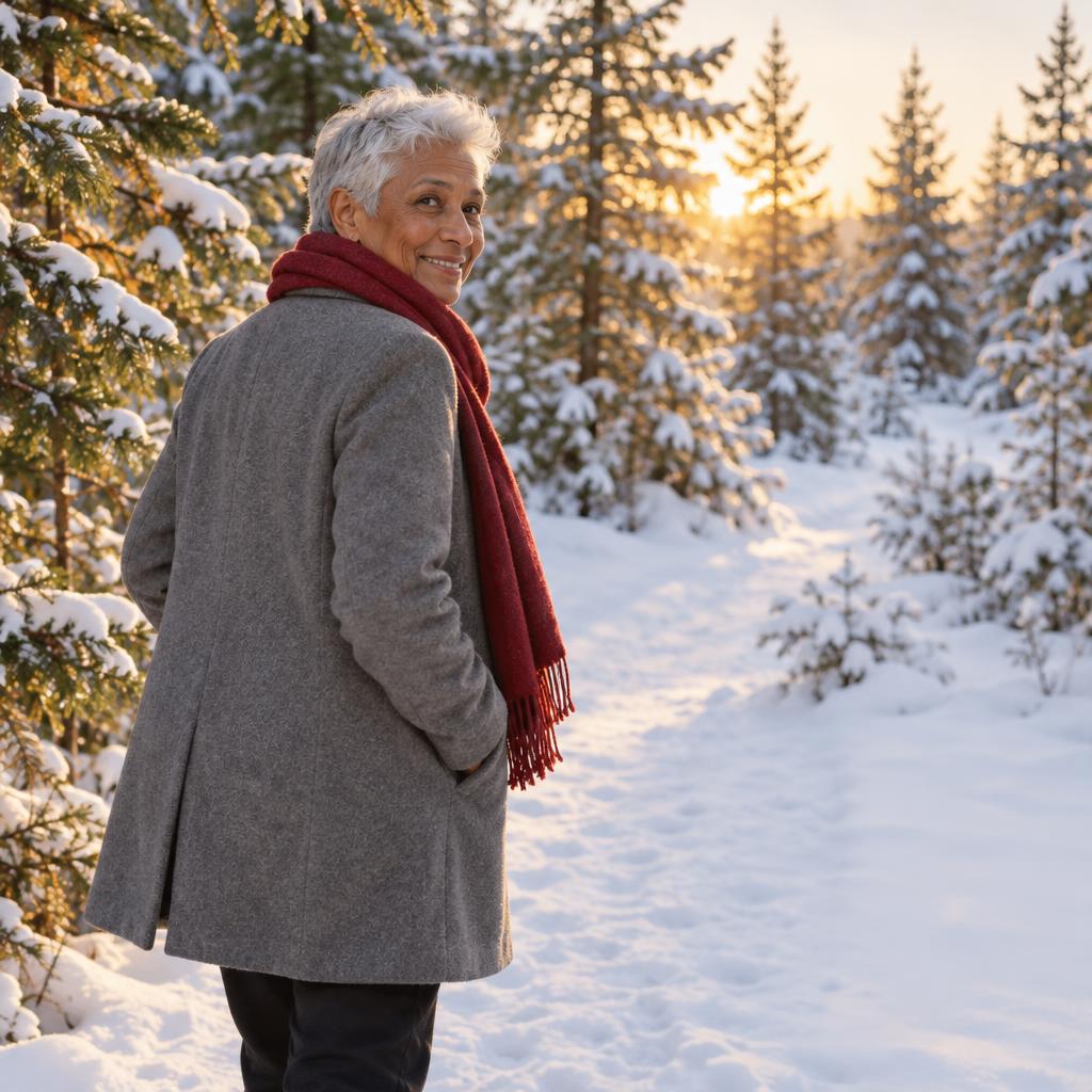 Snowy Evergreen Walk: A serene holiday-card photo just after sunrise in a snowy evergreen grove.