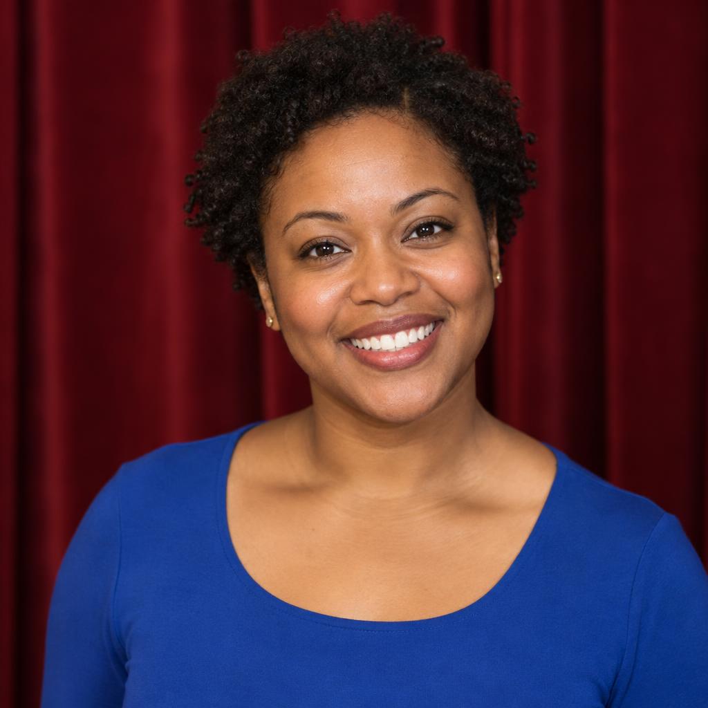 Musical-Theater Presence: Photorealistic chest-up acting headshot, centered before a deep crimson theater curtain.
