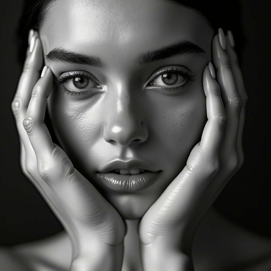 AI-generated photo: Photorealistic editorial beauty portrait photography, ultra-close crop of the face framed by both fo...