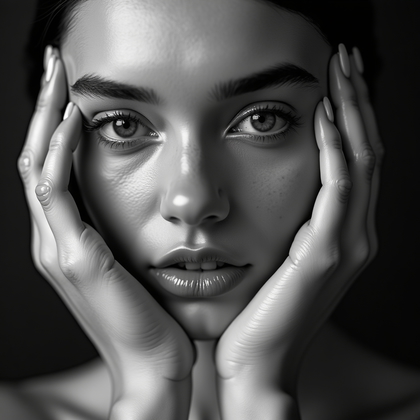 AI-generated photo: Photorealistic editorial beauty portrait photography, ultra-close crop of the face framed by both fo...