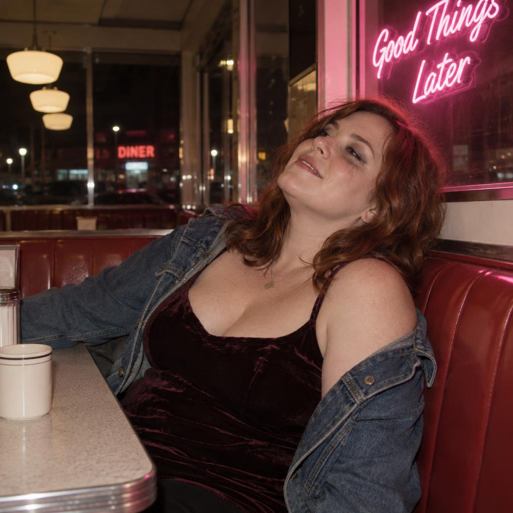 Diner Booth Afterparty: Side-on portrait in an otherwise empty late-night diner: one person reclines heavily against a red-vinyl booth beneath a pink neon sign,…