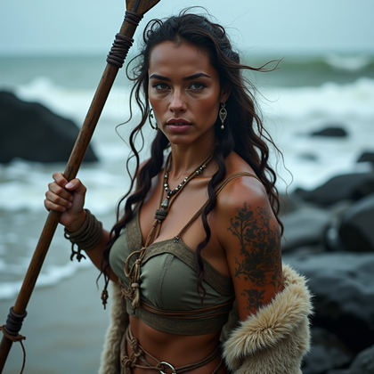 AI-generated photo: Photorealistic editorial photography on a stormy shoreline, surf exploding against dark rocks as the...